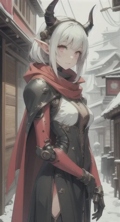 Ancient Tiefling, casual pose, attractive goth, tiefling armor, cape, white hair, pink eyes, Saria, female character, mechanical limbs, tiefling horns, tiefling markings, ancient village, looking at viewer,