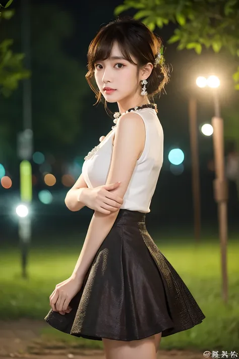   top quality, masterpiece,  high definition ,  photorealistic,  RAW photo, 8k wallpaper, perfection,   professional writing like gravure photography ,  very detailed,  written border depth,  1 girl, Dark night in the park, formal mini skirt dress、 open le...