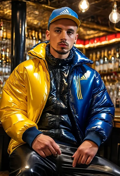 Graffiti urban style, portrait of medium body of two:chav guys handsome 30 year old Chavs,muscular and athletic,having a beer inside a bar in London, more scally men in the background, with beard, full blue elecetric leather cap "adidas" in yellow shiny la...