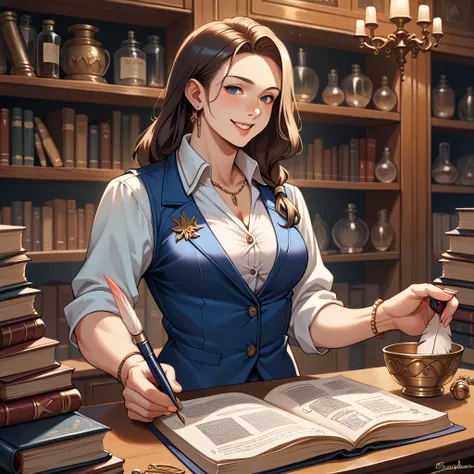 score_9, score_8_up, score_7_up, score_6_up, score_5_up, score_4_up, hires, masterpiece, 1girl, kemono, guild_receptionist, looking_at_viewer, wooden_counter, quill_pen, documents_on_counter, professional_attire, business_smile, fantasy_interior, wooden_sh...