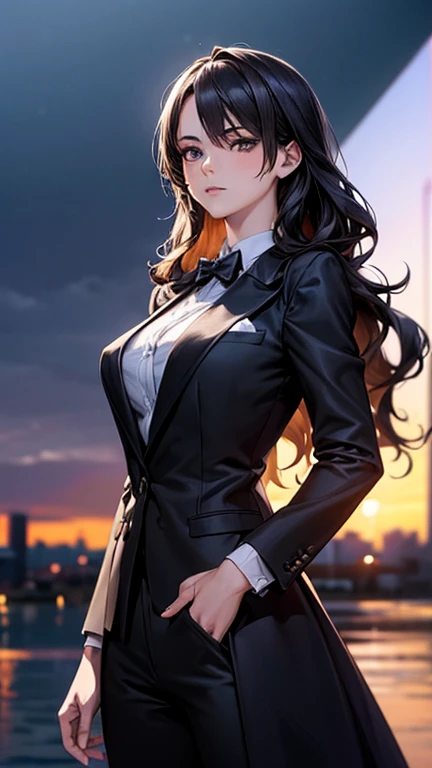 a cool anime 18 years old girl in formal suit, boss, elegant, rich person, cool, wears black sunglasses, beautiful detailed face, long wavy hair, perfect body ratio, adorable girl, 3:4 body looks, front view, look at the camera, perfect background, (best q...