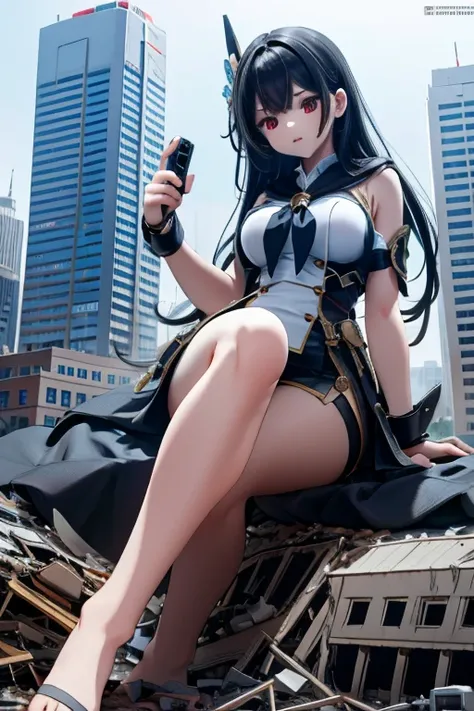   pull camera angle where you can see your whole body, A girl with a cute face,Sitting pose,The location is a destroyed metropolis,Tall buildings, there are lots of UFOs in the sky, highly revealing sailor suit, miniskirt,Big Breasts,Angle of view visible ...