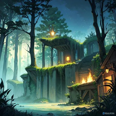 enchanted swamp scenery for game background with cartoon style, night tone colors, 16:9 screen size