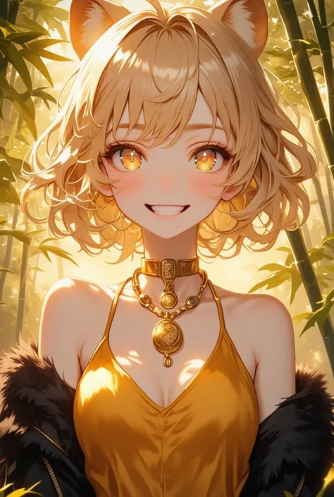 (masterpiece) best quality, perfect face, expressive eyes, female, white skin, tall, thin, (short thin hair:1.3, slightly curly feathered hair, slightly curled bangs), thin eyebrows, gold eyes, lion ears, happy, snaggletooth, gold necklace with golden lock...