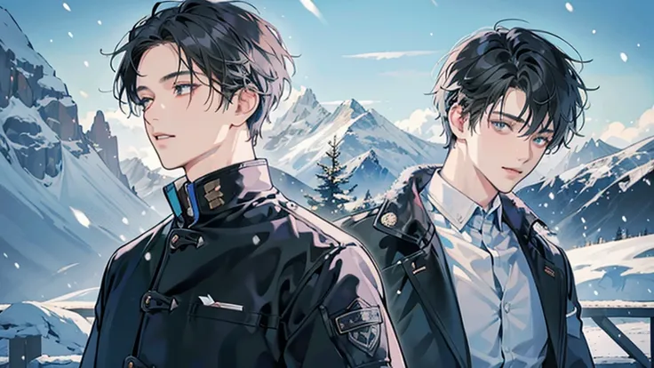 Highest quality, masterpiece, a 20-years-old-boy, handsome, black hair, bangs covering the forehead, gray eyes, short hair, detailed depiction of the eyes and face, four fingers and one thum, a black down jacket, winter scene, many trees in a mountain with...