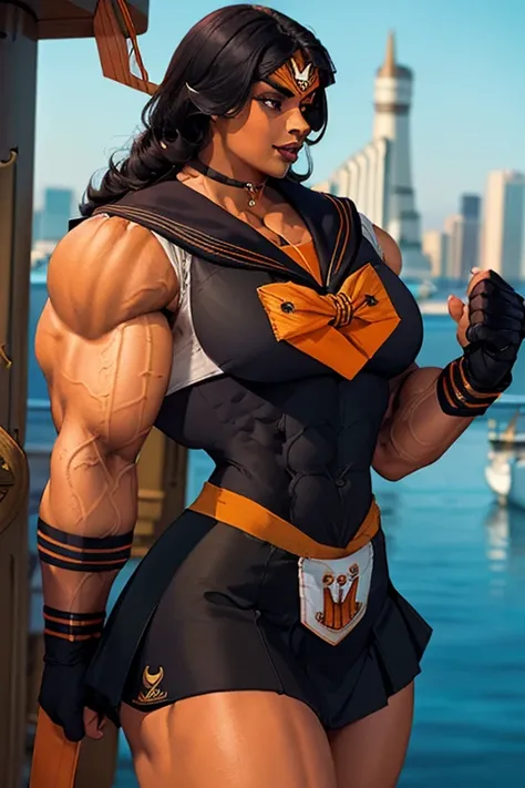 ((Close-up)), tall, (black hair) beautiful muscular woman, long hair, brown skinned, (smirking), large breast, (black lipstick), (massive muscles), (hyper muscle), ((ginormous bulky muscles)), orange eyes, (((((sailor suit with skirt))))), (fingerless glov...