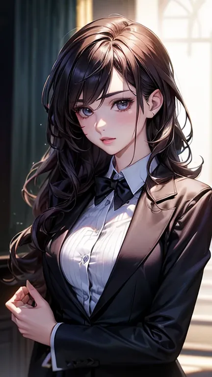 a cool anime 18 years old girl in formal suit, elegant, rich person, bossy vibes, cool, beautiful detailed face, long wavy hair, perfect body ratio, adorable girl, 3:4 body looks, front view, look at the camera, perfect background, (best quality,4k,8k,high...