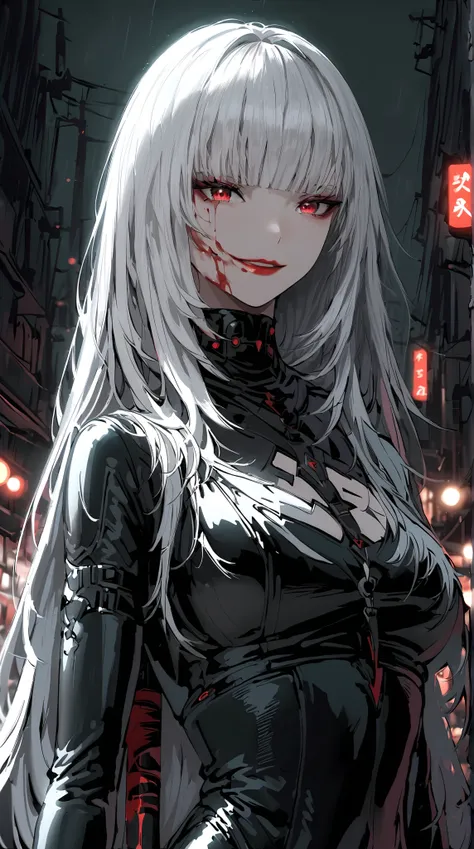  Highest quality 、 masterpiece、 1 girl、 street background 、two-tone hair:1.5、Red Eyes 、Red lips,  black latex bodysuit  、 black and white world 、 black and white world 、 medium length hair  、Side blade ,evil smile , night ,blood on face, ,  split bangs ,  ...