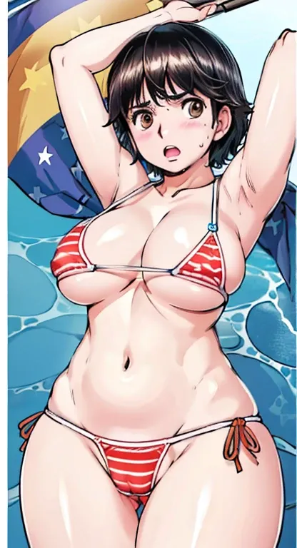 blush、 open her mouth 、 black hair、( semi-long hair、 black hair)、大量のsweat、( top quality:1.3)、 One Girl 、((( very short hair 、 black hair)))、 Cowboy Shots、 in the school pool、 naked ass、 big butt、sweat、masterpiece,  top quality,  high definition , 超 high de...