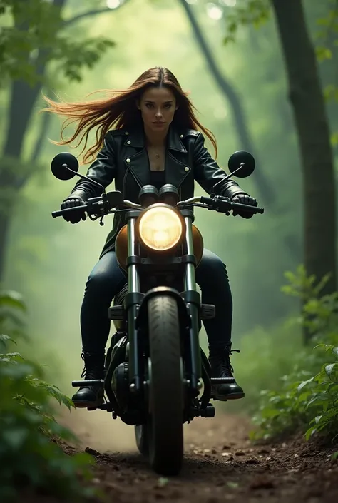 A serious young beautiful woman ,  with long hair rides a motorcycle through a forest