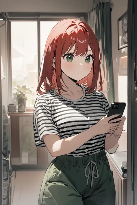  A young woman drinking one in what appears to be her room.  She wears a black and white striped t-shirt and dark green shorts .  She has red hair and is looking at the camera of the mobile phone she is holding. The image has a warm and welcoming atmospher...