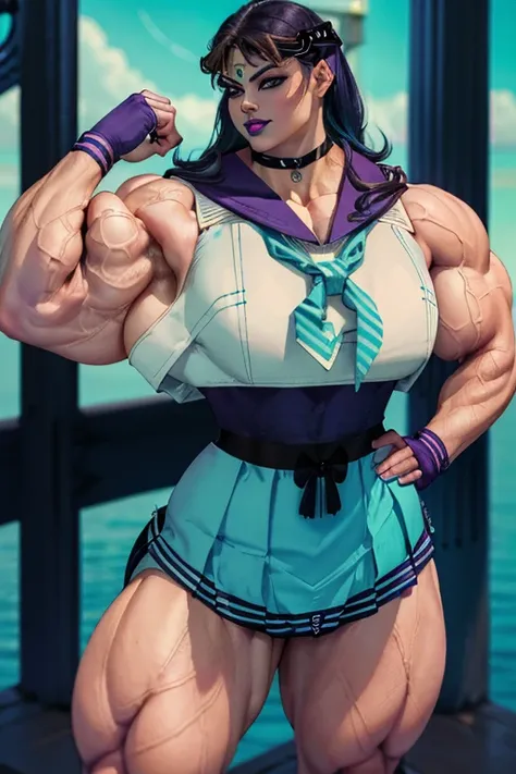 ((Close-up)), tall, ((cyan hair)) beautiful muscular woman, long hair, white skinned, (smirking), large breast, (black lipstick), (massive muscles), (hyper muscle), ((ginormous bulky muscles)), purple eyes, (((((sailor suit with skirt))))), (fingerless glo...