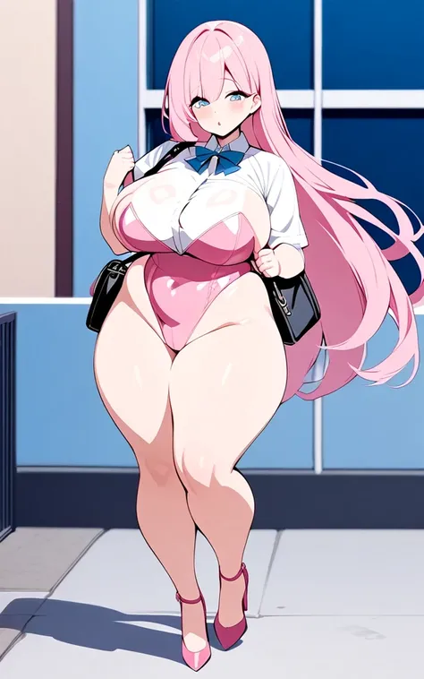 pink leotard　pink hair very long hair,  Big Breasts ,  plump thighs 　Shoulder bag　 high heel leotard　 Hi-leg Leotard