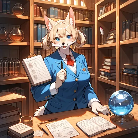 score_9, score_8_up, score_7_up, score_6_up, score_5_up, score_4_up, source_furry, hires, masterpiece(1girl, kemono, furry, anthro)guild receptionist, looking at viewer, wooden counter, quill pen, documents on counter, professional attire, business smile, ...