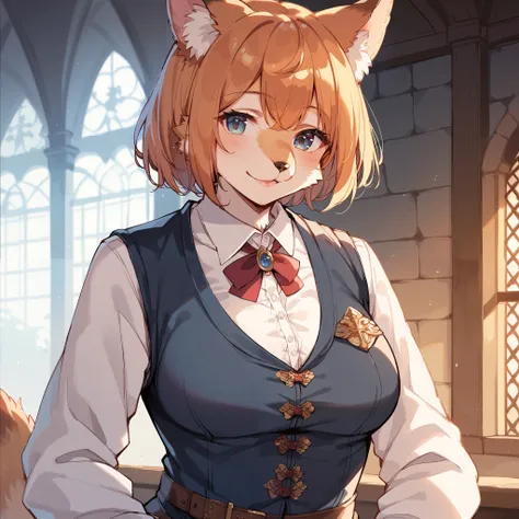 score_9, score_8_up, score_7_up, score_6_up, score_5_up, score_4_up, hires, masterpiece, Medieval, Adventurers Guild reception, 1girl, kemono, guild_receptionist, looking_at_viewer, animal_ears, animal_tail, furry_female, professional_attire, business_smil...