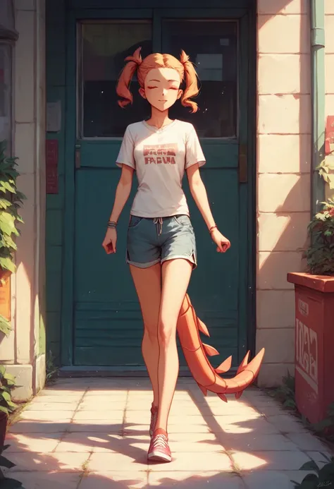 Walking，young，( Shorts )，White T-shirt， Teenage Girls ，Delicate body， petcha pie，Delicate body， small ， small breasts，short， dark-haired， twin tails，poneyTail