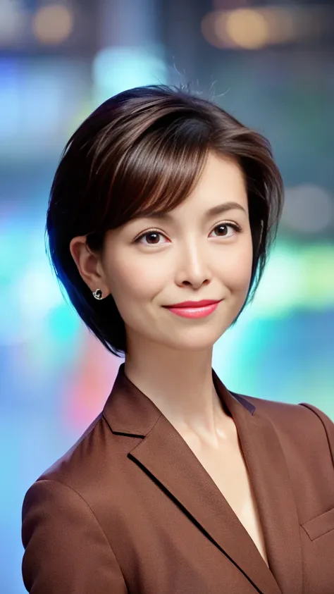 masterpiece,  top quality,  Photorealistic,  ultra detail,   Fine Details,  high definition , 8k wallpaper,  one beautiful woman inside the aquarium building ,,  light brown pixie cut hair, Hairstyle that brings out beautifully shaped ears 、 wear a busines...