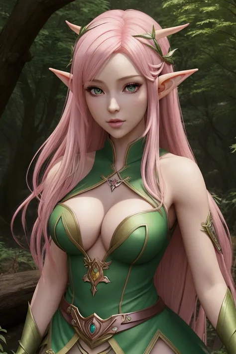 sexy woman with pink hair and elf ears posing in a forest, 2. 5 d cgi anime fantasy artwork, beautiful alluring anime woman, elf girl, seductive anime girl, very beautiful elven top model, elf princess, beautiful elven princess, anime goddess, hyperrealist...