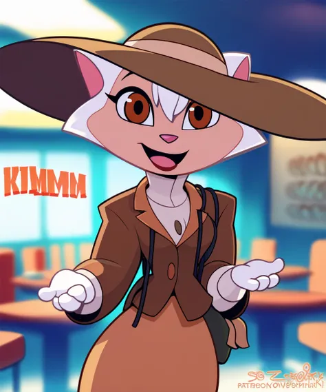 source_furry, solo, sawyer, female, brown eyes, brown suit, wide brim hat, open smile, looking at viewer, restaurant, by sssonic2,by sigma_x,by kilinah, score_9, score_8_up, score_7_up, score_6_up, score_5_up, score_4_up