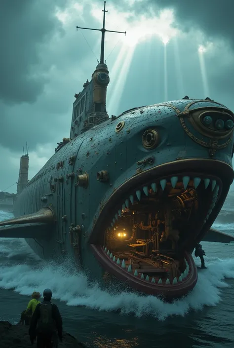 a steampunk style submarine that resembles a large shark, highly detailed steampunk shark submarine, extremely detailed, cinematic, photorealistic, 1 large mechanical shark-like submarine, metal gears, pipes, rivets, glass viewports, brass accents, complex...