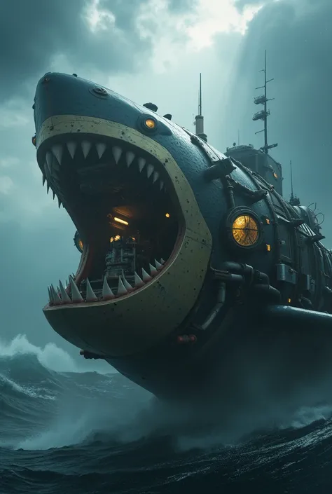 a steampunk style submarine that resembles a large shark, highly detailed steampunk shark submarine, extremely detailed, cinematic, photorealistic, 1 large mechanical shark-like submarine, metal gears, pipes, rivets, glass viewports, brass accents, complex...