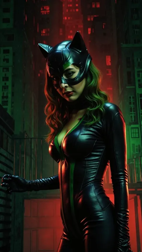 Create a cinematic movie poster featuring Catwoman with a Freddy Krueger-inspired twist. Catwoman wears her iconic sleek black catsuit, but with tattered red-and-green striped accents. She dons a dark fedora hat, and her claws are extended, glinting ominou...