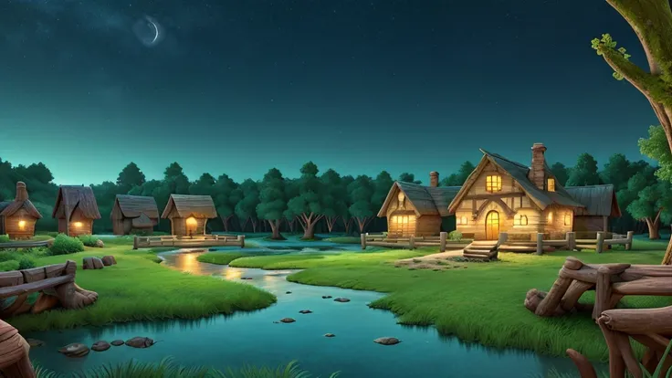 enchanted swamp scenery for game background with cartoon style, night tone colors, 16:9 screen size