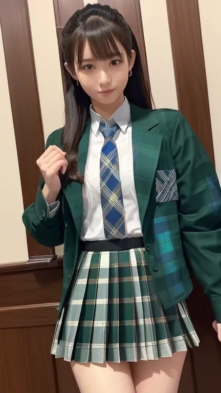 女子 College Student 、 College Student 、 high school uniform 、woman、、 slender、slender、 smaller breasts、A well-groomed face 、、(cute、 beauty)、( ponytail、Black Hair:1.2), blazer、 short skirt、Knee-length skirt、(blue and dark green plaid pleated skirt、fine plaid ...