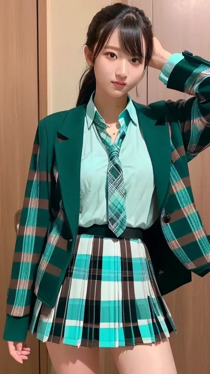 女子 College Student 、 College Student 、 high school uniform 、woman、、 slender、slender、 smaller breasts、A well-groomed face 、、(cute、 beauty)、( ponytail、Black Hair:1.2), blazer、 short skirt、Knee-length skirt、(turquoise and dark green plaid pleated skirt、fine p...