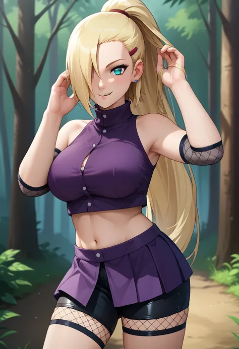 score_9, score_8_up, score_7_up, source_anime, solo, 1girl, in0ymnka, smile, looking at you, standing, hand in own hair, long hair, blonde hair, hair over one eye, high ponytail, hairclip, blue eyes, fishnets, purple shirt, sleeveless turtleneck, buttons, ...