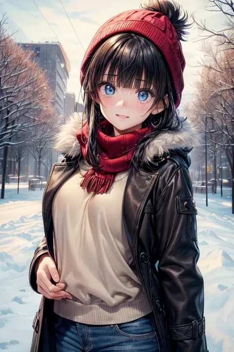  taking pictures  , cute girl, (( One Girl )), ((baby face:1.4)), ((cute:1.4)), 
break 

((brown box coat :1.2)), ( beige high neck knit sweater ), ( blue denim skinny pants :1.2), ( wrap a black and red gingham check scarf around your neck), ( girl wearin...