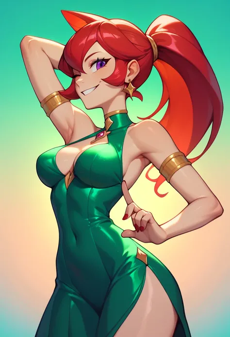 Mars, red nails, smiling, red hair, ponytail hairstyle, purple eyes, gold earings, green night dress, showing leg, gold brasalet, showing breast, winking one eye, showing armpit,