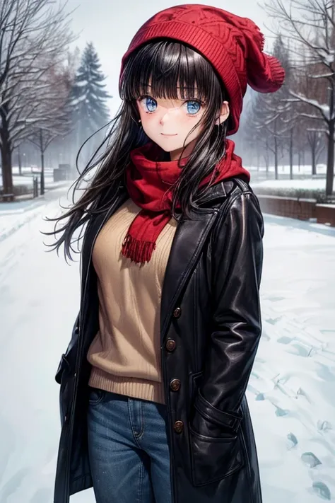  taking pictures  , cute girl, (( One Girl )), ((baby face:1.4)), ((cute:1.4)), 
break 

((brown box coat :1.2)), ( beige high neck knit sweater ), ( blue denim skinny pants :1.2), ( wrap a black and red gingham check scarf around your neck), ( girl wearin...