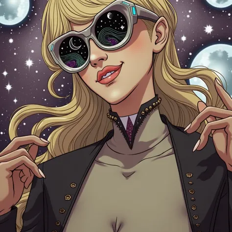 The model is wearing sunglasses with stars and the moon on the glass.