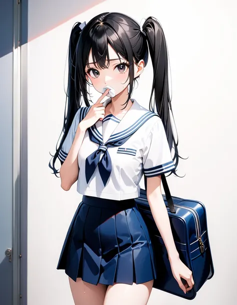 (( high school girl uniform with the upper half tied  ,  sailor suit,  miniskirt,  White Socks ,  school bag that can be held in ones mouth)),  shiny衣装, (( skintation)),  skinny, Alone, Alone,  Masterpiece,  top quality, 16k,  high definition, 2.5D, AI-gen...