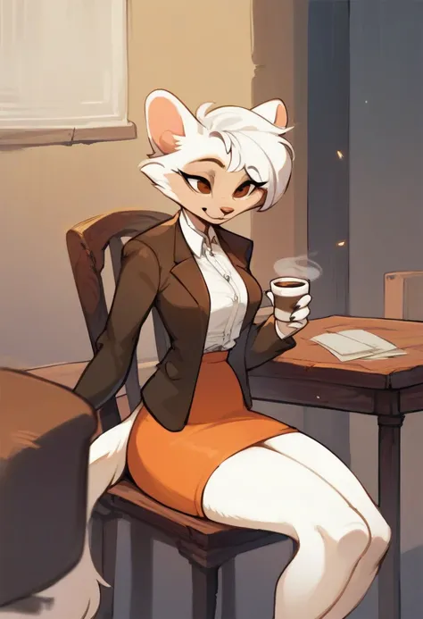 score_9, score_8_up, score_7_up,((best quality)), absurdres, SawyerCDDPXL,furry female, furry, tail,animal ears, brown eyes, white hair, white fur, short hair, skirt, orange skirt,brown office jacket,slim,sitting, chair, table,outside,holding coffee