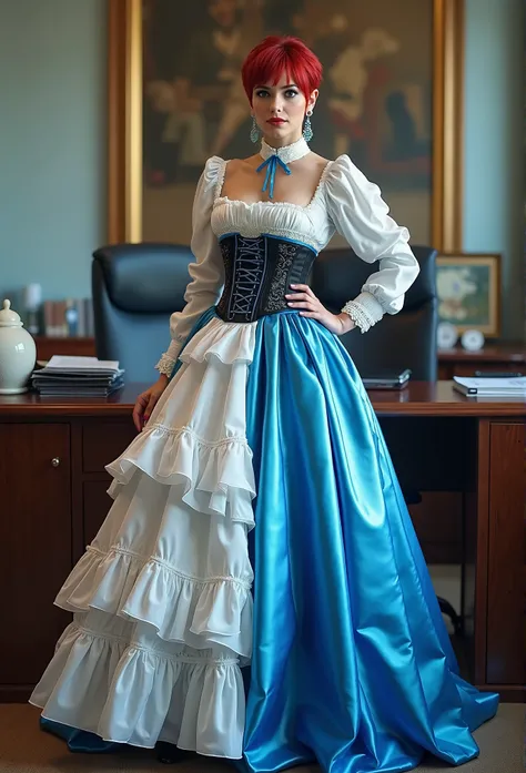 office，full body view, front view, Beautiful european woman standing in a office， red pixiecut hair，Beautiful Legs，((shiny rubber clothing)), blue rubber corset, blue  ballerina shoes，crinoline rubber petticoat, ruffled  wide white 10 layers  petticoat, sh...