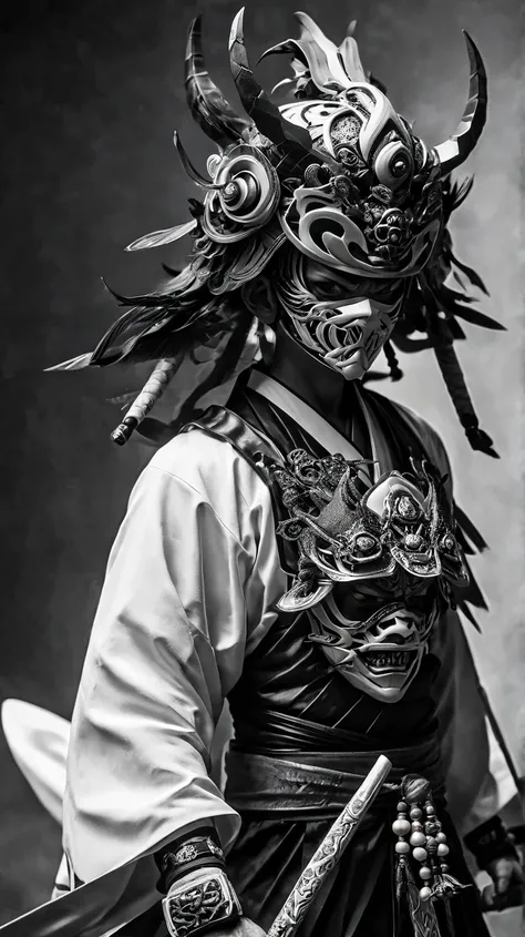 The image is a black and white photo of a person wearing an elaborate Samurai helmet with a fierce expression, featuring a traditional Hannya mask design.