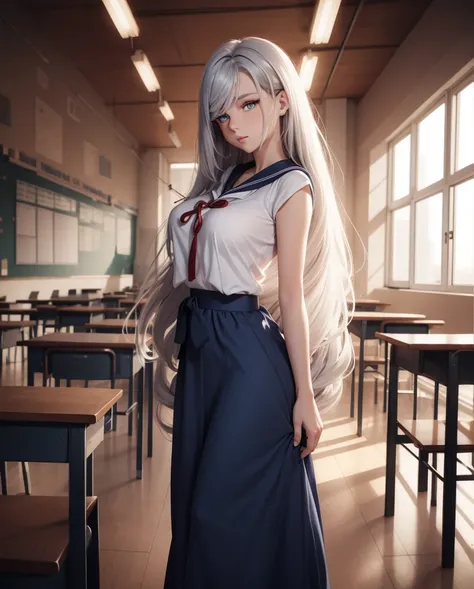     a beautiful girl,   blue eyes  ,     glowing eyes   , sexy long skirt sailor costume dress ,   closed lips    ,   long hair  ,    High resolution , breasts,   full body ,   silver hair ,   full body ,  looking at the camera , in a classroom 