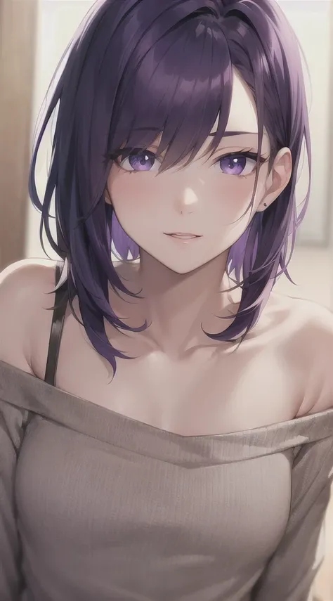 masterpiece, (best quality),(( 1boy)) ,(male )hamaoka_azusa,  purple hair , purple eyes,medium hair,sexy boy, collarbone ,best quality ,sweater,bare shoulders, vibrant colors ,natural lighting  ,RTX, beautiful, (detailed face:1.2), showcase, (perfect eyes:...