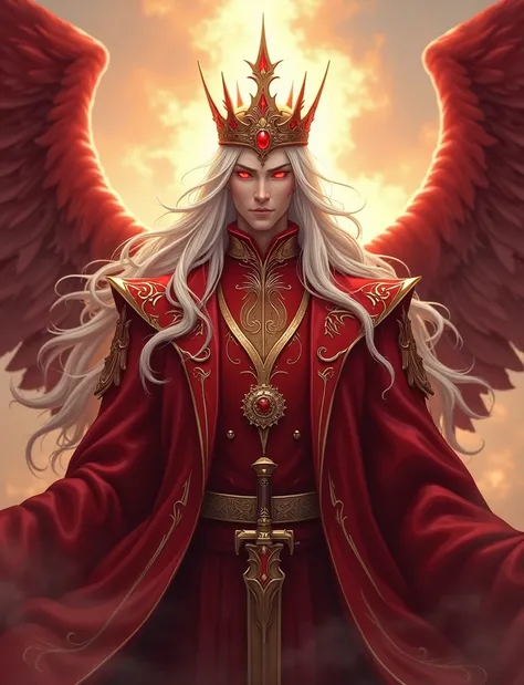 Crimson eyes long white hair Crimson crown wings sword crimson suit with elegant gold details Japanese style aura of truth or Manna of truth man 
