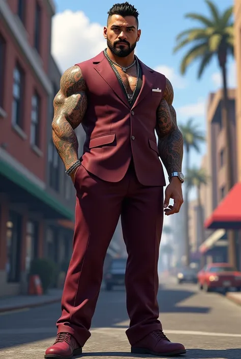  Create an image in the style of the GTA game create a 3D illustration featuring a handsome and realistic 34-year-old man,  short black hair, trimmed beard, muscular, with tattoos, standing. The character must be wearing a burgundy suit and burgundy pants ...