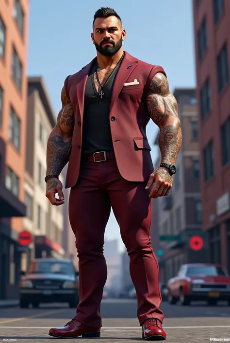  Create an image in the style of the GTA game create a 3D illustration featuring a handsome and realistic 34-year-old man,  short black hair, trimmed beard, muscular, with tattoos, standing. The character must be wearing a burgundy suit and burgundy pants ...