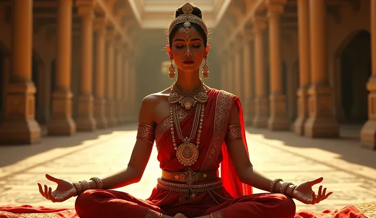 a beautiful indian woman in traditional Indian attire, wearing a golden crown and elaborate jewelry, with a beautiful expression, set against a backdrop of an ancient palace .she doing meditation on the indian ancient golden bed, in the indian ancient pala...