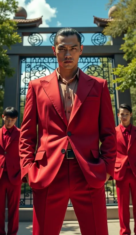 close-up portrait of a Japanese male gangster wearing a red jacket, hiyam pants facing back and facing sideways wearing a red suit. In the background, an iron gate with dragon circle ornaments, there are 3 people bowing their bodies wearing red coats, like...