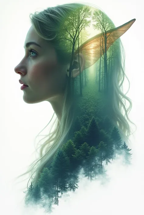 masterpiece, digital imaging, photography, double exposure, centered, white background, 1girl, elf, mythical forest, volumetric lighting, symmetric, vibrant color, (epic composition, epic proportion), HD