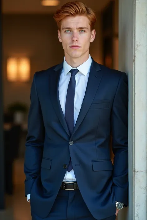 Twenty-year-old man with reddish brown hair and green eyes wearing blue suit 