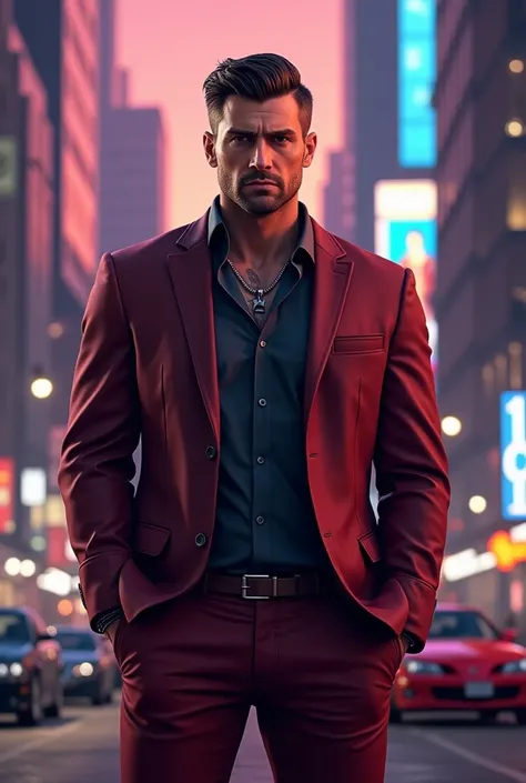  Create an image in the style of the game GTA create a 3D illustration featuring a handsome and realistic 34-year-old man,  short black hair, trimmed beard, muscular, with tattoos, standing. The character must be wearing a burgundy suit and burgundy pants ...