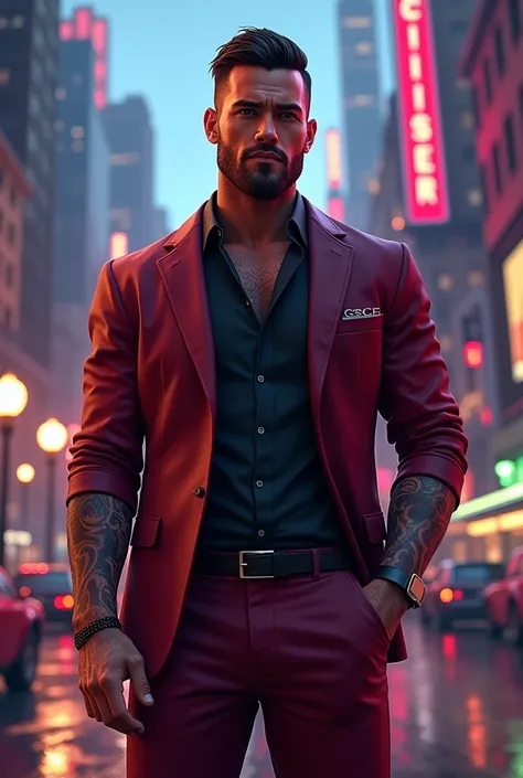  Create an image in the style of the game GTA create a 3D illustration featuring a handsome and realistic 34-year-old man,  short black hair, trimmed beard, muscular, with tattoos, standing. The character must be wearing a burgundy suit and burgundy pants ...