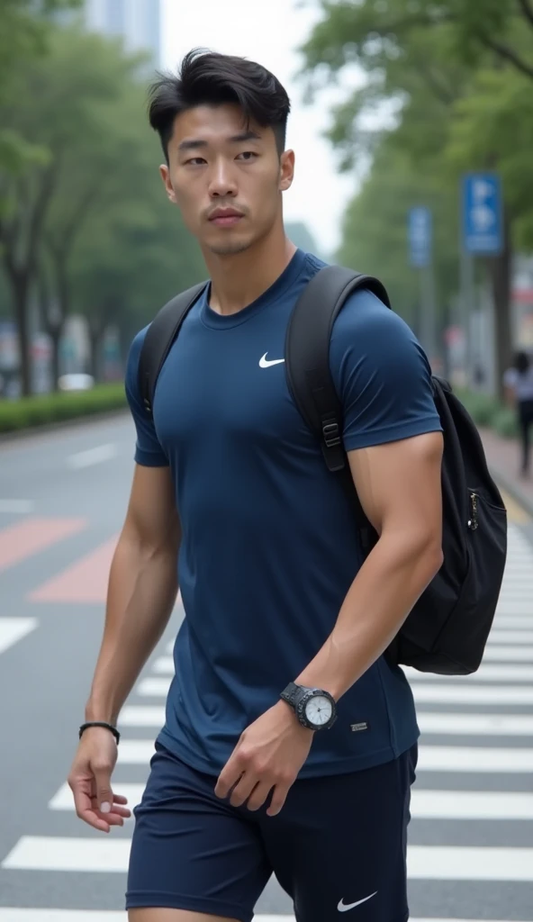 ((, a Korean man wearing a navy Nike sports shirt)) , (((Big arm muscles,  tight breasts ,  Muscle Bundle, ))), (((Black backpack next to it))), (((Men with short hair))), (((, big muscles, big torso))), (((Seductive fit body ))), ((Short Hairstyle))), (( ...